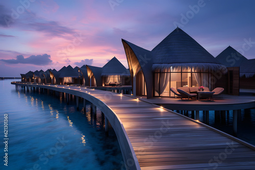 Valokuvatapetti Scenic view of colorful sunset at the maldives island, stunning lighting imagery background
