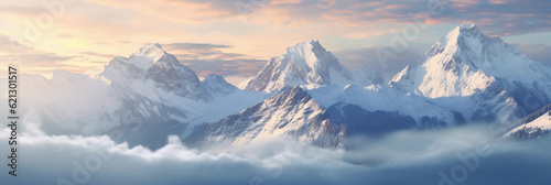 Overhead shot  snow - covered mountain peaks  piercing through cloud cover  morning light  majestic
