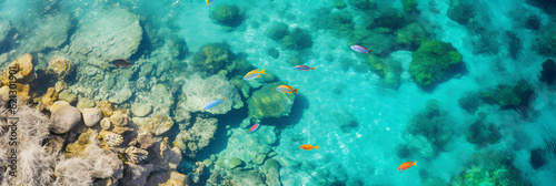 Bird's eye view of a coral reef, crystal clear turquoise waters, a school of colorful fish visible, sunny day