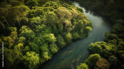 Bird s eye view of a dense tropical rainforest  vivid greens  a river winding through it  high contrast