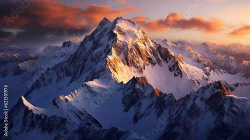 Bird's eye view of a snow - capped mountain range during sunset, golden hour light reflecting off the peaks