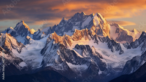 Bird's eye view of a snow - capped mountain range during sunset, golden hour light reflecting off the peaks
