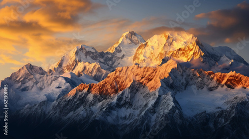 Bird's eye view of a snow - capped mountain range during sunset, golden hour light reflecting off the peaks