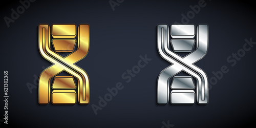 Gold and silver DNA symbol icon isolated on black background. Long shadow style. Vector