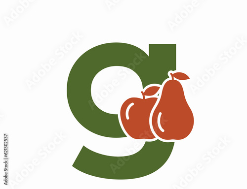 lowercase letter g with pear and apple. creative fruit and organic food alphabet logo. harvest and gardening design