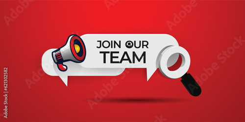 Advertising poster design with magnifying glass and loudspeaker for we're hiring join us team