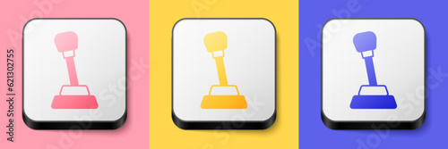 Isometric Gear shifter icon isolated on pink, yellow and blue background. Manual transmission icon. Square button. Vector