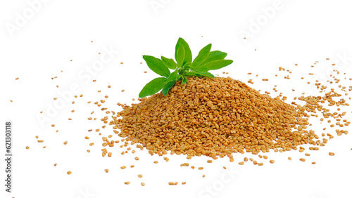 Organic fenugreek seeds in the white background - Text space photo