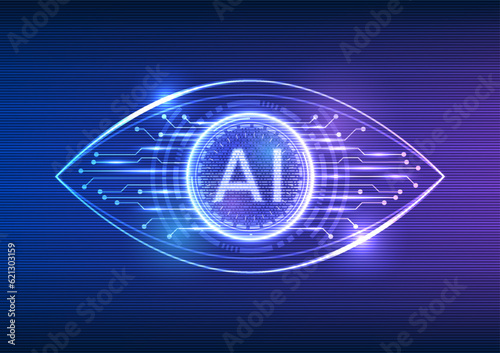Technology eye with AI nestled within, accompanied by a circuit board. Represents the powerful utilization of artificial intelligence technology in search for answers,opening new realms of possibility