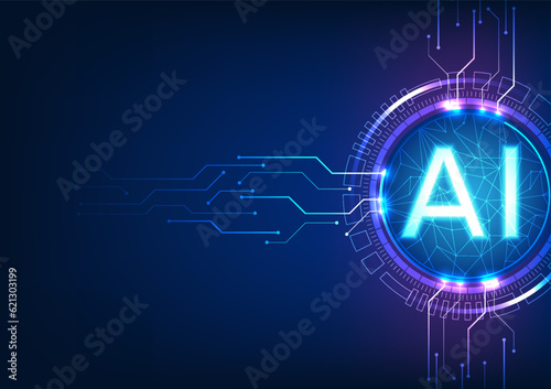 Connection of artificial intelligence technology. Featuring the AI letter within a technology circle and a circuit linking to it, it represents the synergy between AI and interconnected technology