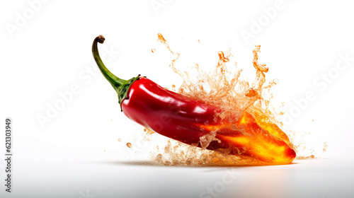Fresh red chilli pepper blasting in fire as a concept of burning feeling of spicy food and spices. White background. Generative AI