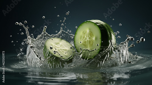 Slices of fresh cucumber dropped into water and created a beautiful water splash that isolated on dark black studio background. Product photography. Generative AI