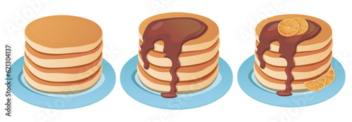Pancakes cartoon style. Pancakes with chocolate syrup and oranges, american breakfast