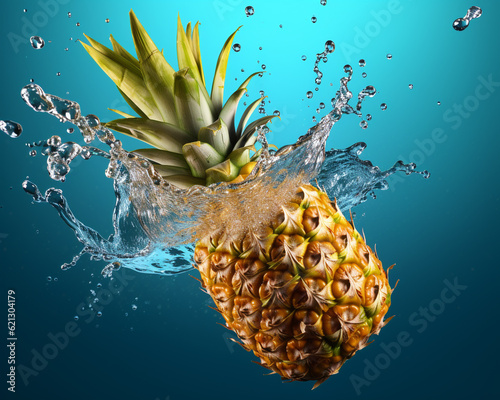 Pineapple with water splash in blue background. Studio shoot product photography. Generative AI