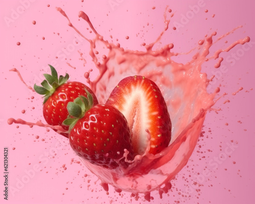 Whole and slice of strawberry, strawberry with splash of juice and drops, strawberry in a splash of milk or yogurt. Generative AI