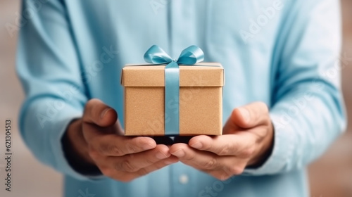 Close up shot of male hands holding a small gift box. Small gift in the hands of a man indoor. Focus on the little box. Generative AI