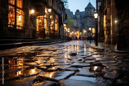 Fototapeta Naklejka Na Ścianę i Meble -  An antique European city center, cobblestone streets wet from a recent rain, reflecting soft lights of nearby lanterns. Generative AI