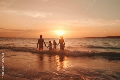 Happy African American family, father, mother and daughter and son happiness vacation relax with sea background. Rear view. Parents with children enjoying vacation on beach. High quality photo