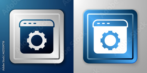 White Browser setting icon isolated on blue and grey background. Adjusting, service, maintenance, repair, fixing. Silver and blue square button. Vector