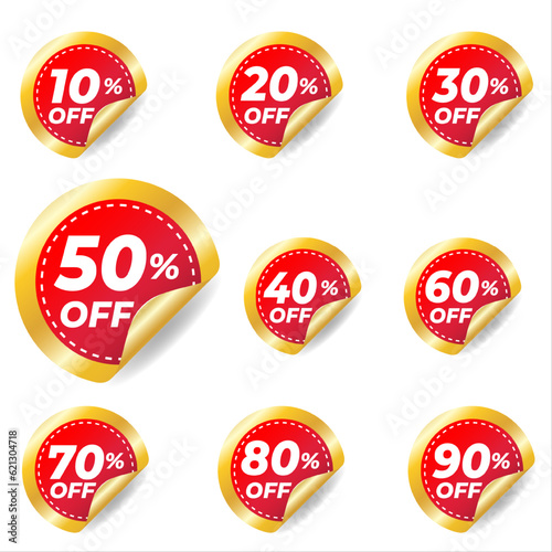 Discount price tag, Price 10 20 30 40 50 60 70 80 90 percent, Red and gold discounts sale promotion sticker badge set for shopping marketing, advertisement clearance, element, Vector illustration