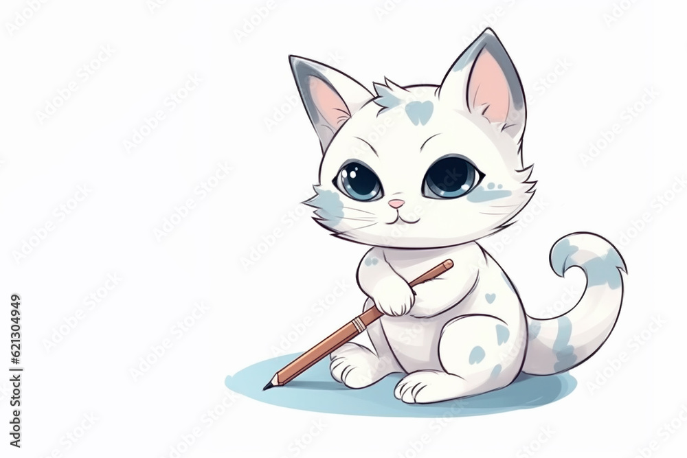 Fototapeta premium cute white cartoon cat with a pen in its paw on white background. Education concept. Back to school. Learning, study. Place for text, copy space. Smart kitty. September