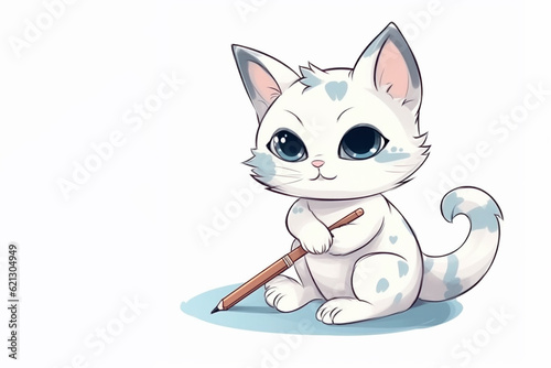 cute white cartoon cat with a pen in its paw on white background. Education concept. Back to school. Learning, study. Place for text, copy space. Smart kitty. September