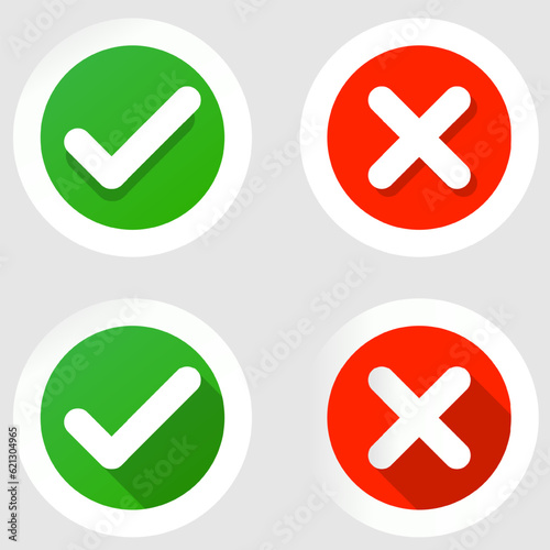 A set of Cross and check mark icons on white background, vector buttons, red and green vector check mark icons. Illustration.