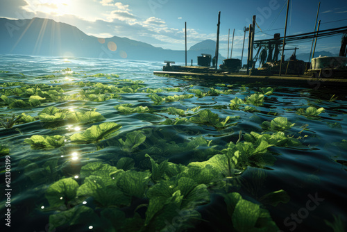 Thriving growth of seaweed algae on lines in an aquaculture farm. Signifies the healthy and sustainable growth of seaweed algae. Generative Ai.