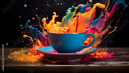Colorful paint splattered cup on a black background. AI Genrated photo