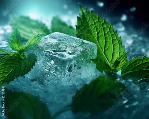 Fresh mint leaves with square shape ice cubes. Creative photography of menthol products. Generative AI