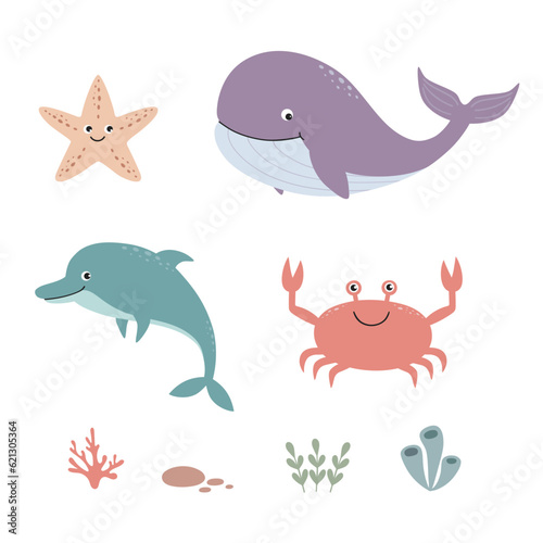 Set of cute cartoon inhabitants of the underwater world: whale, dolphin, crab, starfish, as well as algae, rocks, corals. Vector illustration for children.