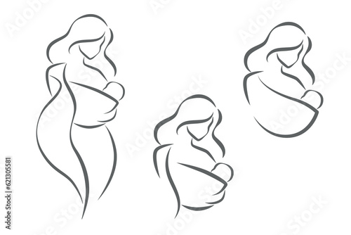Set of logo with mother and baby. Stylized outline symbol. Motherhood, love, mother care, woman, child, baby sling. Silhouette, icon, logo sign Vector illustration