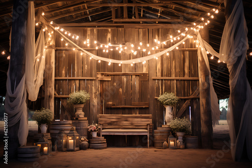 Wedding ceremony in a wooden interior with candles and flowers AI Generative © Thararat