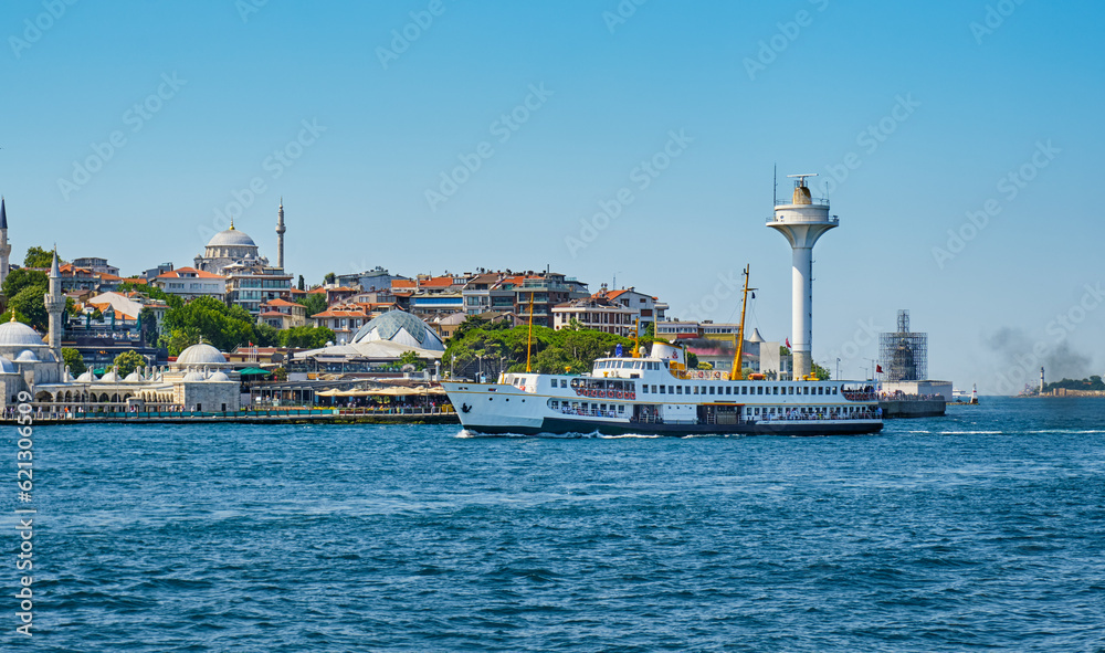 Istanbul, Turkey, View of the Bosphorus and Embankment Uskudar, The ship with passengers floats to the pier