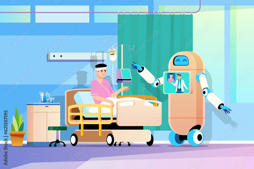 A robot that takes care of patients in the recovery room Doctors can be controlled via a network system with cameras, monitors, and doctors can ask questions from a distance. Vector illustration A robot that takes care of patients in the recovery room Doctors can be controlled via a network system with cameras, monitors, and doctors can ask questions from a distance. Vector illustration
