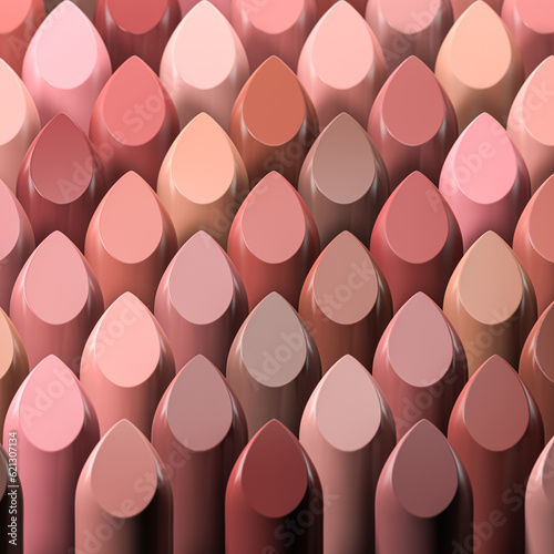 Lipsticks of different colors in row. Make up beauty concept background.