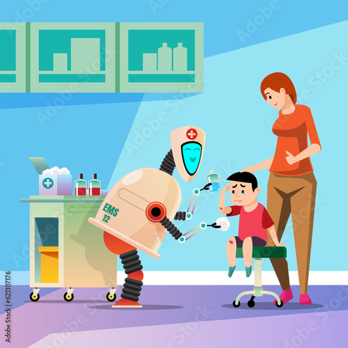 Robot doctor and patient in hospital vector illustration. Little boy and nurse. Wound Cleaning and Disinfection Robot