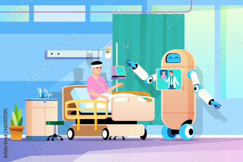 A robot that takes care of patients in the recovery room Doctors can be controlled via a network system with cameras, monitors, and doctors can ask questions from a distance. Vector illustration