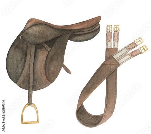 Slika na platnu Watercolor illustration of equestrian equipment brown saddle and girth, ammunition and accessories for horse riding