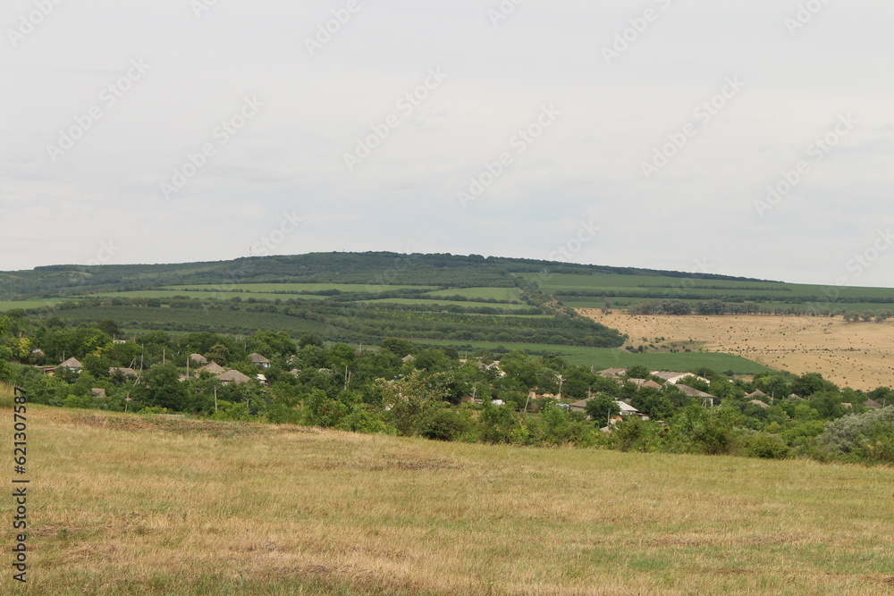 A landscape with a hill and trees