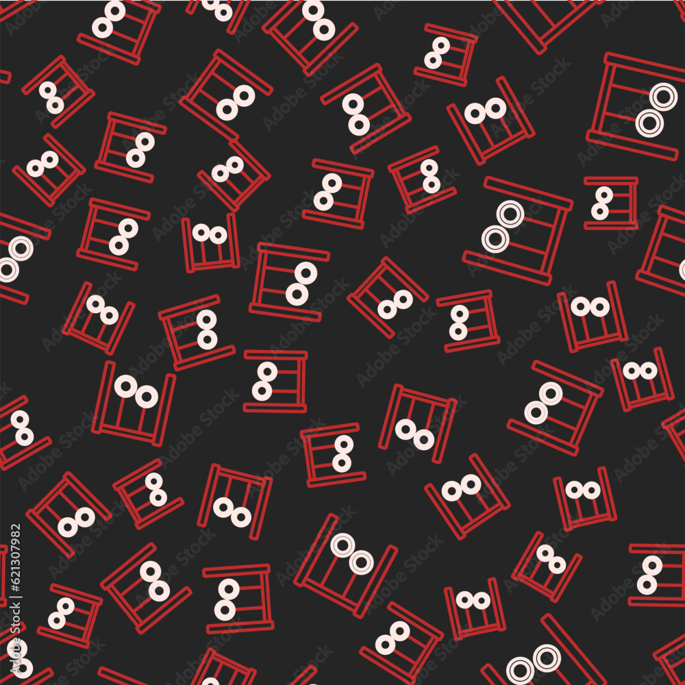 Line Gymnastic rings icon isolated seamless pattern on black background. Playground equipment with hanging rope with rings. Vector Line Gymnastic rings icon isolated seamless pattern on black background. Playground equipment with hanging rope with rings. Vector