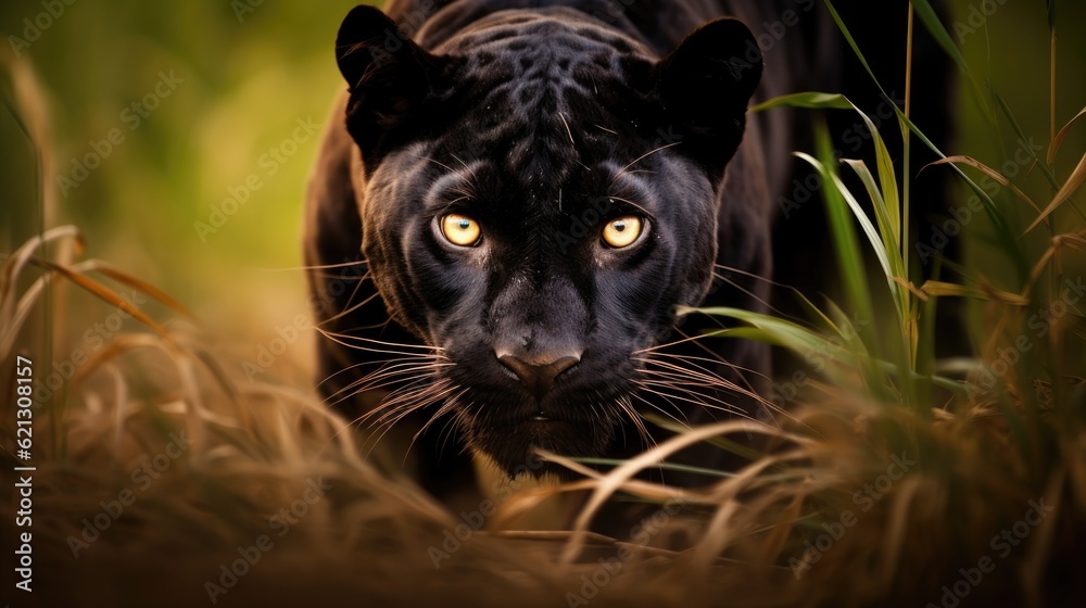 Black panther on the hunt. Wildlife photography - Generative AI
