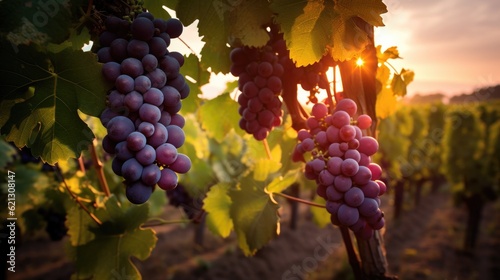 Grape cluster hanging from grape vines at vineyard - Generative AI