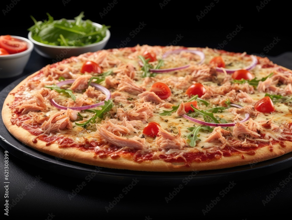 Tuna Pizza on dark background (generative AI) Tuna Pizza on dark background (generative AI)