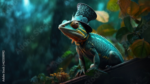A chameleon wearing a top hat. Fancy chameleon posing in the jungle wearing a magic hat with soft lighting. Funny chameleon. Realistic 3D illustration. Generative AI