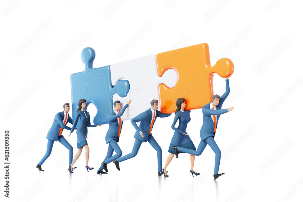 Obraz premium Business people running and caring big puzzle. Work together as team,. help, support idea 3D rendering illustration
