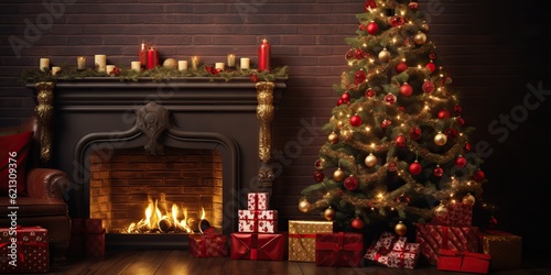 AI Generated. AI Generative. Xmas Christmas New Year holiday celebration traditional family winter time background decoration poster. Graphic Art Illustration