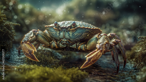 Crab closeup on the beach rocks. A large paddle crab native to Chatham Island. Colorful crab. Realistic 3D illustration. Generative AI © Vagner Castro