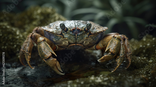 Crab closeup on the beach rocks. A large paddle crab native to Chatham Island. Colorful crab. Realistic 3D illustration. Generative AI