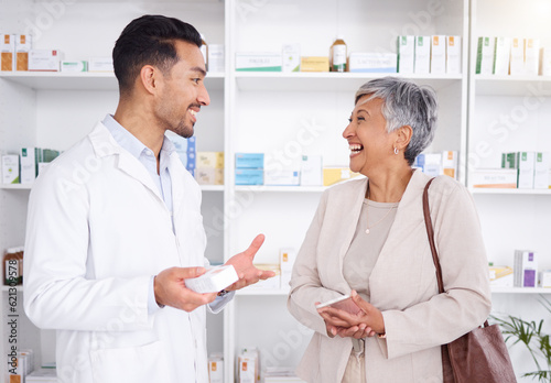 Pharmacist man, senior woman and talking with box, phone or funny in store for prescription, health or help Fototapet